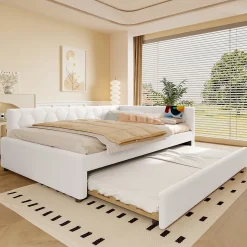 Lit gigogne 140x200 cm avec lit tiroir, lampe intégrée, ports USB et Type-C - 2 couchages gain de place - imitation laine blanc