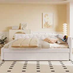 Lit gigogne 140x200 cm avec lit tiroir, lampe intégrée, ports USB et Type-C - 2 couchages gain de place - imitation laine blanc