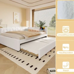 Lit gigogne 140x200 cm avec lit tiroir, lampe intégrée, ports USB et Type-C - 2 couchages gain de place - imitation laine blanc