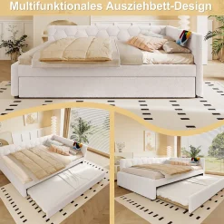 Lit gigogne 140x200 cm avec lit tiroir, lampe intégrée, ports USB et Type-C - 2 couchages gain de place - imitation laine blanc