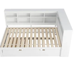 Lit Gigogne 140x200 cm avec Lit Tiroir 90x190 cm, en Bois Massif avec Rangement et Prise USB Intégrée, Lit Multifonction Blanc