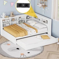 Lit Gigogne 140x200 cm avec Lit Tiroir 90x190 cm, en Bois Massif avec Rangement et Prise USB Intégrée, Lit Multifonction Blanc