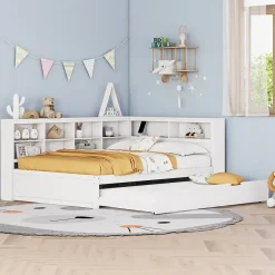 Lit Gigogne 140x200 cm avec Lit Tiroir 90x190 cm, en Bois Massif avec Rangement et Prise USB Intégrée, Lit Multifonction Blanc