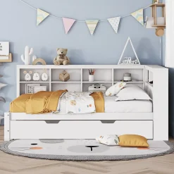 Lit Gigogne 140x200 cm avec Lit Tiroir 90x190 cm, en Bois Massif avec Rangement et Prise USB Intégrée, Lit Multifonction Blanc