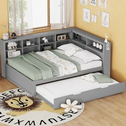 Lit Gigogne 140x200 cm avec Lit Tiroir 90x190 cm, en Bois Massif avec Rangement et Prise USB Intégrée, Lit Multifonction Gris