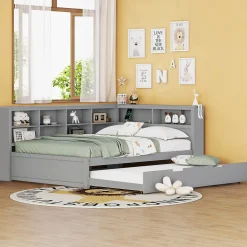 Lit Gigogne 140x200 cm avec Lit Tiroir 90x190 cm, en Bois Massif avec Rangement et Prise USB Intégrée, Lit Multifonction Gris