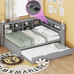 Lit Gigogne 140x200 cm avec Lit Tiroir 90x190 cm, en Bois Massif avec Rangement et Prise USB Intégrée, Lit Multifonction Gris