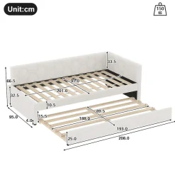 Lit gigogne 90x200 cm avec lit tiroir, lampe intégrée, ports USB et Type-C - 2 couchages gain de place - blanc imitation laine