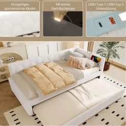 Lit gigogne 90x200 cm avec lit tiroir, lampe intégrée, ports USB et Type-C - 2 couchages gain de place - blanc imitation laine