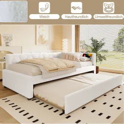 Lit gigogne 90x200 cm avec lit tiroir, lampe intégrée, ports USB et Type-C - 2 couchages gain de place - blanc imitation laine