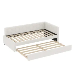 Lit gigogne 90x200 cm avec lit tiroir, lampe intégrée, ports USB et Type-C - 2 couchages gain de place - blanc imitation laine