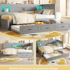 Lit gigogne 90x200 cm avec rangement latéral, LED télécommande et ports USB - sommier inclus - sans matelas - gris