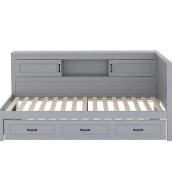 Lit gigogne 90x200 cm avec rangement latéral, LED télécommande et ports USB - sommier inclus - sans matelas - gris