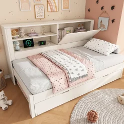 Lit Gigogne 90x190/200 cm avec Rangement, Compartiment Ouvert et Ports USB/USB-C, MDF/Contreplaqué/Panneaux de Particules, Blanc