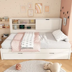 Lit Gigogne 90x190/200 cm avec Rangement, Compartiment Ouvert et Ports USB/USB-C, MDF/Contreplaqué/Panneaux de Particules, Blanc