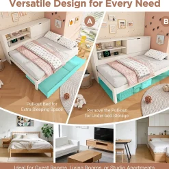 Lit Gigogne 90x190/200 cm avec Rangement, Compartiment Ouvert et Ports USB/USB-C, MDF/Contreplaqué/Panneaux de Particules, Blanc