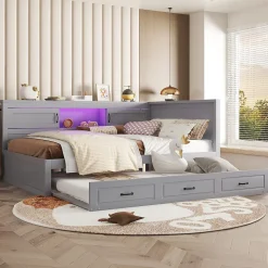 Lit gigogne 140x200 cm avec rangement latéral, LED télécommande et ports USB - sommier inclus - sans matelas - gris