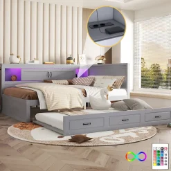 Lit gigogne 140x200 cm avec rangement latéral, LED télécommande et ports USB - sommier inclus - sans matelas - gris