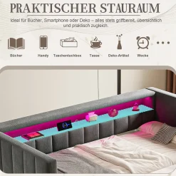 Lit Gigogne 90x190 cm avec Rangement, LED et Port USB Type-C, Design Capitonné en Velours Gris, pour Chambre d'Ado ou Invités
