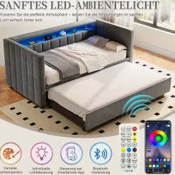 Lit Gigogne 90x190 cm avec Rangement, LED et Port USB Type-C, Design Capitonné en Velours Gris, pour Chambre d'Ado ou Invités