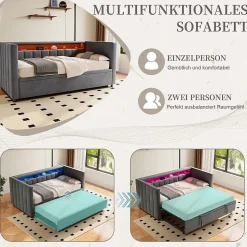 Lit Gigogne 90x190 cm avec Rangement, LED et Port USB Type-C, Design Capitonné en Velours Gris, pour Chambre d'Ado ou Invités