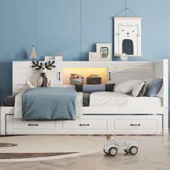 Lit gigogne 90x200 cm avec rangement latéral, LED télécommande et ports USB - sommier inclus - blanc - sans matelas