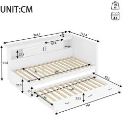 Lit gigogne 90x200 cm avec rangement latéral, LED télécommande et ports USB - sommier inclus - blanc - sans matelas