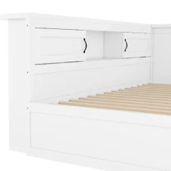 Lit gigogne 90x200 cm avec rangement latéral, LED télécommande et ports USB - sommier inclus - blanc - sans matelas