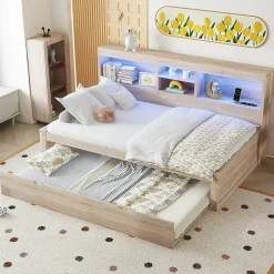 Lit gigogne 90x200 cm avec rangement latéral, LED télécommande et ports USB - sommier inclus - naturel - sans matelas