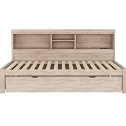 Lit gigogne 90x200 cm avec rangement latéral, LED télécommande et ports USB - sommier inclus - naturel - sans matelas