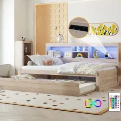 Lit gigogne 90x200 cm avec rangement latéral, LED télécommande et ports USB - sommier inclus - naturel - sans matelas