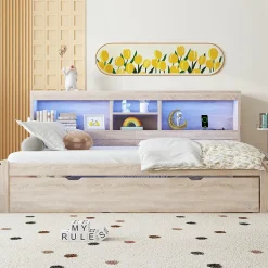 Lit gigogne 90x200 cm avec rangement latéral, LED télécommande et ports USB - sommier inclus - naturel - sans matelas