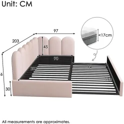 Lit Gigogne 90x200 cm avec Second Couchage - Design Moderne Gain de Place - Velours Rose - Sans Matelas