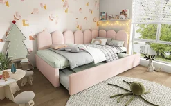 Lit Gigogne 90x200 cm avec Second Couchage - Design Moderne Gain de Place - Velours Rose - Sans Matelas