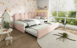 Lit Gigogne 90x200 cm avec Second Couchage - Design Moderne Gain de Place - Velours Rose - Sans Matelas