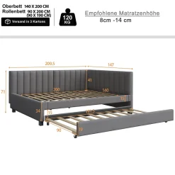 Lit Gigogne 140x200 cm avec Sommier à Lattes et Lit Tiroir Multifonction - Sans Matelas - Velours Gris