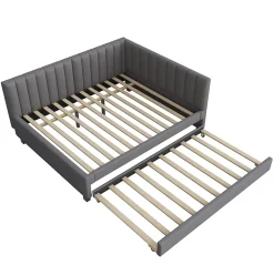 Lit Gigogne 140x200 cm avec Sommier à Lattes et Lit Tiroir Multifonction - Sans Matelas - Velours Gris