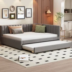 Lit Gigogne 140x200 cm avec Sommier à Lattes et Lit Tiroir Multifonction - Sans Matelas - Velours Gris