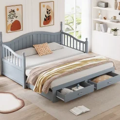 Lit Gigogne 90/180x200 cm avec Tiroirs et Sommier à Lattes Intégré, Lit Multifonction en Pin Massif, Gris