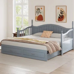 Lit Gigogne 90/180x200 cm avec Tiroirs et Sommier à Lattes Intégré, Lit Multifonction en Pin Massif, Gris