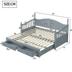 Lit Gigogne 90/180x200 cm avec Tiroirs et Sommier à Lattes Intégré, Lit Multifonction en Pin Massif, Gris
