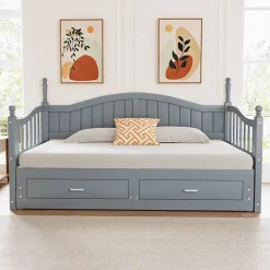 Lit Gigogne 90/180x200 cm avec Tiroirs et Sommier à Lattes Intégré, Lit Multifonction en Pin Massif, Gris