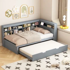 Lit Gigogne 90x200 cm avec Tiroir Gigogne 90x190 cm et Rangement, Lit Bois Multifonction avec USB Intégré, Gris