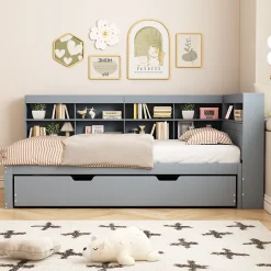 Lit Gigogne 90x200 cm avec Tiroir Gigogne 90x190 cm et Rangement, Lit Bois Multifonction avec USB Intégré, Gris