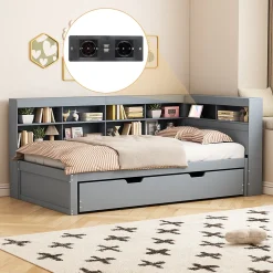 Lit Gigogne 90x200 cm avec Tiroir Gigogne 90x190 cm et Rangement, Lit Bois Multifonction avec USB Intégré, Gris