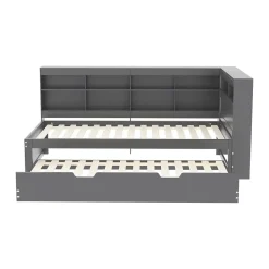 Lit Gigogne 90x200 cm avec Tiroir Gigogne 90x190 cm et Rangement, Lit Bois Multifonction avec USB Intégré, Gris