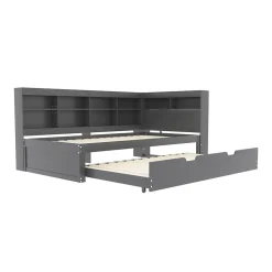 Lit Gigogne 90x200 cm avec Tiroir Gigogne 90x190 cm et Rangement, Lit Bois Multifonction avec USB Intégré, Gris