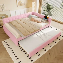 Lit gigogne 140x200 cm avec tiroir, lampe intégrée et ports USB Type-C - 2 couchages gain de place - imitation laine rose