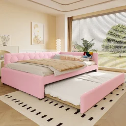 Lit gigogne 140x200 cm avec tiroir, lampe intégrée et ports USB Type-C - 2 couchages gain de place - imitation laine rose