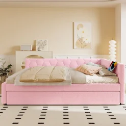 Lit gigogne 140x200 cm avec tiroir, lampe intégrée et ports USB Type-C - 2 couchages gain de place - imitation laine rose